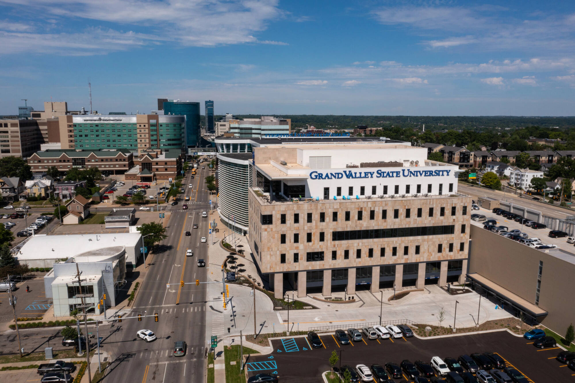 Aerial image of GVSU and Corewell Health on the medical mile
